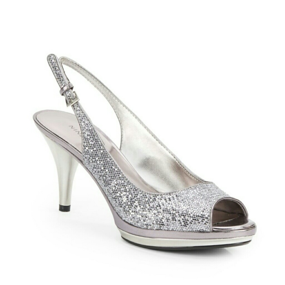 Nine West Silver Sparkly Open Toe Heels Size 7.5